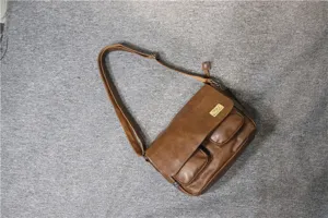 Retro brown PU leather messenger bag for men and women, casual shoulder cross body bag.