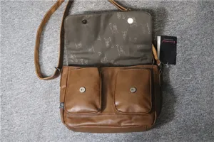 Brown vintage messenger bag for men, casual crossbody bag with flap, dual pockets.