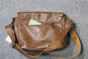 Brown PU leather messenger bag for men, vintage shoulder bag with adjustable strap and pockets.