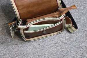 Detail view of casual messenger bag with striped webbing and brown leather, showing pockets.