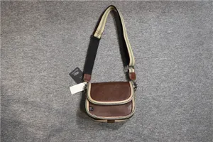 Casual brown PU leather crossbody bag with striped wide strap for men and women daily use.