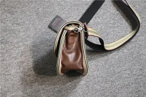 Casual crossbody shoulder bag with brown leather and striped webbing strap for daily use.
