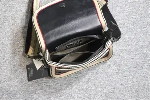 Men canvas shoulder bag casual messenger bag with striped strap and multi pockets detail