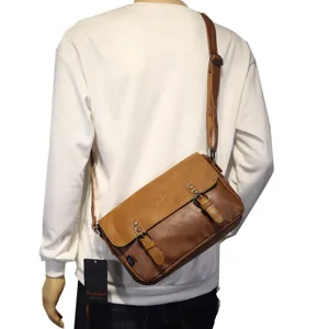 Men vintage brown leather messenger bag with flap buckles, casual crossbody shoulder bag.