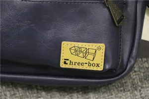 Gros plan détail du sac bandoulière homme bleu foncé texture cuir synthétique étiquette.