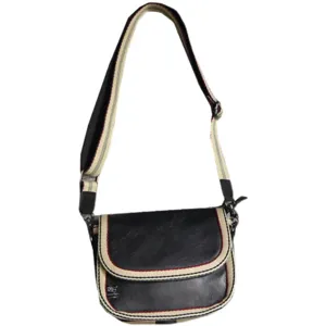 Black casual crossbody bag with striped webbing strap and stylish color block piping.