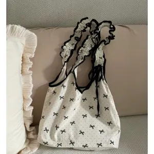Sweet Bowknot Polka Dot Canvas Tote Bag Casual Drawstring Pleated Shoulder Bag Student Commuter Handbag For Women