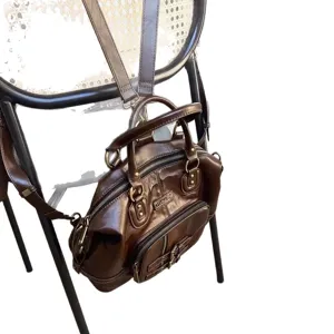 Retro oil-wax leather convertible backpack handbag, stylish biker multi-way shoulder bag.