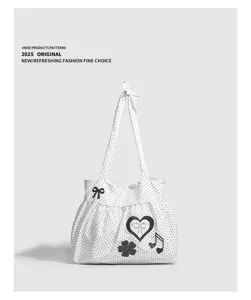 Borsa shopper in tela a pois in stile coreano con graziosi fiocchi e cuori, grande capacità.