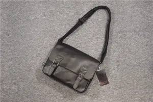 Classic black PU leather messenger bag for men, retro casual crossbody school shoulder bag.