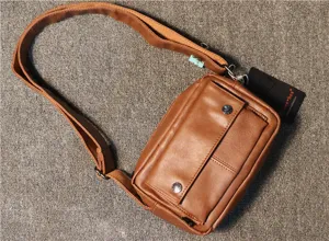 Brown mens casual crossbody bag with adjustable strap and front pocket detail for daily use