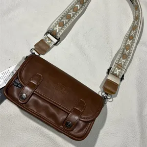 Retro brown PU leather crossbody bag with ethnic wide strap for casual street daily wear