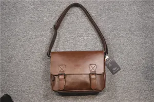 Brown leather messenger bag vintage casual shoulder bag with dual buckle flap and strap.