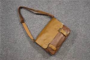Retro brown PU leather messenger bag for men, casual crossbody shoulder bag for daily use.