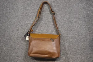 Close-up detail of the retro brown PU leather messenger shoulder bag strap and pocket.