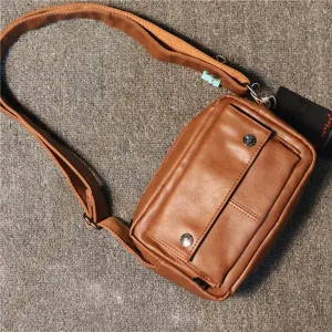Brown men's PU leather crossbody bag, casual small shoulder messenger bag for daily use.