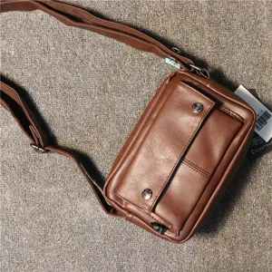 Men's casual brown PU leather shoulder bag minimalist messenger bag with front pocket.