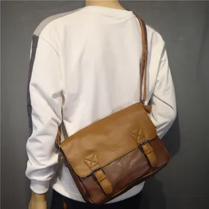 Vintage brown leather messenger bag for men, casual crossbody shoulder bag for daily use.