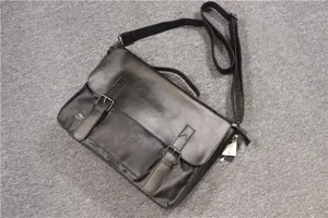 Men black leather messenger bag, retro casual business shoulder crossbody handbag.