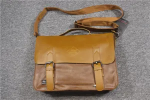 Brown leather messenger bag for men, vintage business shoulder bag with double buckle straps.