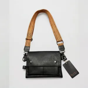 Three-Box black PU leather crossbody bag with brown patterned strap main view display
