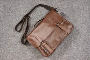 Threebox retro men leather messenger bag detail view, casual business shoulder briefcase.