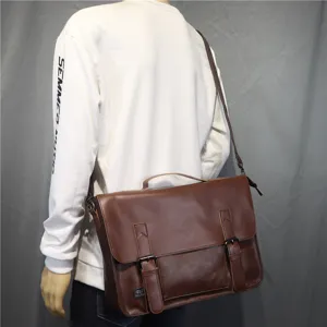 Men vintage leather messenger bag brown casual shoulder business briefcase for daily use