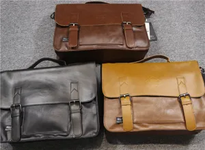 Vintage men's messenger bag PU leather casual shoulder crossbody handbag with double buckle.