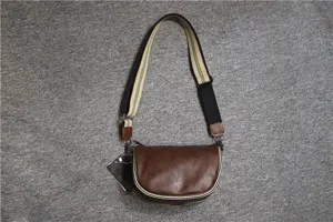 Mens brown leather saddle bag casual retro crossbody shoulder bag with striped strap
