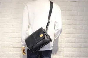 Men black soft leather messenger bag casual crossbody shoulder bag stylish detail view