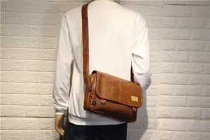 Men brown PU leather messenger bag casual crossbody shoulder bag vintage style fashion daily