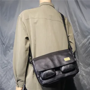 Men black PU leather messenger bag retro shoulder crossbody casual flap bag main view