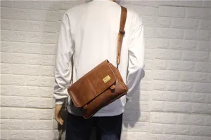 Brown PU leather men messenger bag, casual cross body shoulder bag with adjustable strap.