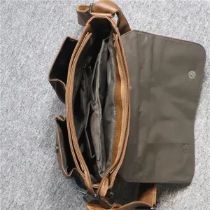 Men brown faux leather vintage messenger bag open view showing multi compartments interior