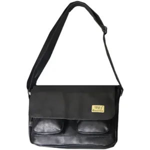 Classic black leather messenger bag with flap cover, dual front pockets and adjustable strap.