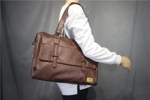 Brown PU leather men briefcase, stylish vintage shoulder messenger bag for daily work and travel.