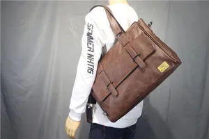 Mens brown PU leather shoulder bag vintage business messenger briefcase large travel laptop bag