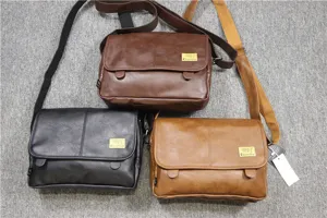 Three-box men casual soft leather messenger shoulder bag detail view showing colors