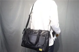Men's black leather briefcase, shoulder bag, business casual crossbody travel computer bag.