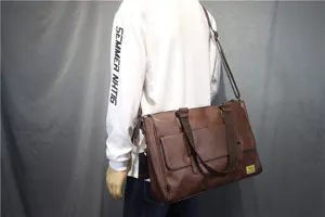 Men leather messenger bag business casual vintage briefcase shoulder cross body bag brown
