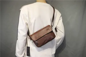 Brown leather crossbody messenger bag detail view, casual retro vintage design for daily use.