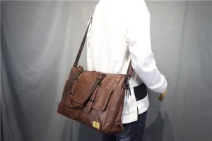 Detail view of stylish brown PU leather men messenger bag briefcase for business and travel.