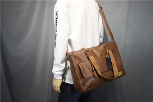 Men vintage PU leather messenger bag for business travel and laptop shoulder briefcase