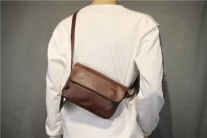 Men vintage dark brown leather shoulder bag, casual crossbody bag for daily casual use.