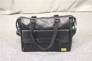 Black PU leather business mens briefcase handbag with multiple pockets for daily work travel.