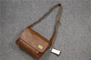 Threebox casual brown PU leather messenger bag for men, stylish crossbody shoulder bag.