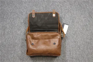 Vintage brown PU leather messenger bag for men, casual crossbody shoulder bag with flap.