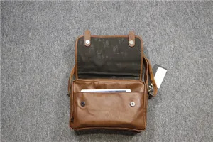 Brown PU leather messenger bag for men, casual crossbody shoulder bag with flap and multiple pockets.