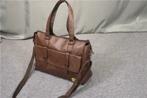 Men brown PU leather briefcase business laptop shoulder crossbody large messenger bag