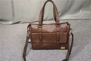 Brown men's PU leather business briefcase, stylish shoulder and crossbody laptop bag.